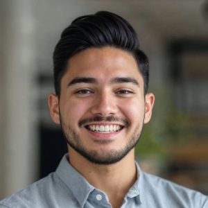 Retrato de uma pessoa sorrindo, em fundo claro