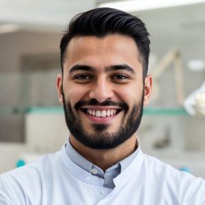 Retrato de uma pessoa sorrindo, em fundo claro