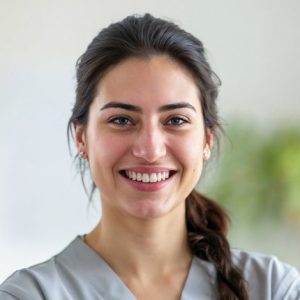 Retrato de uma pessoa sorrindo, em fundo claro